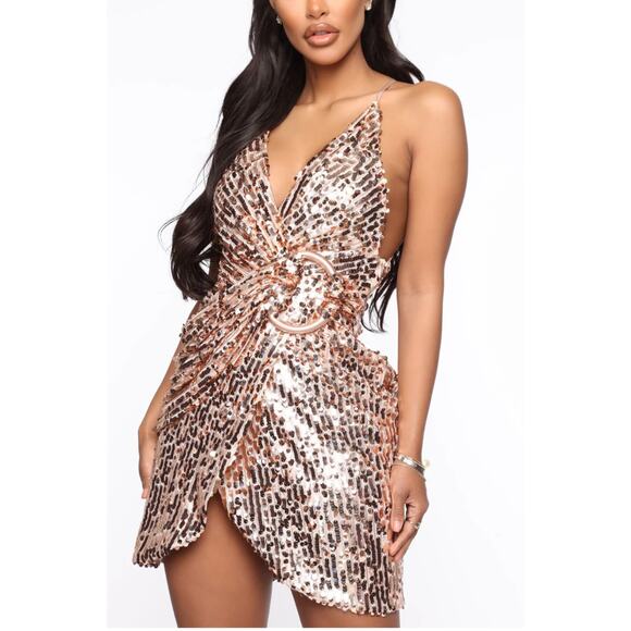 Copper/Rose Gold sequined Mini Dress w /side zipper size SM - Picture 1 of 12